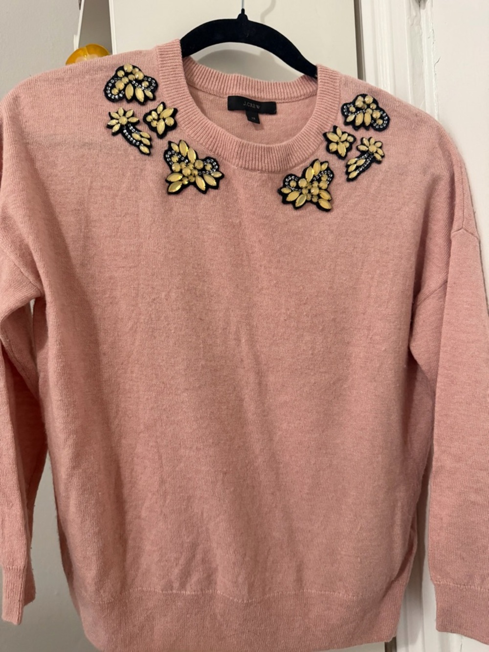 J. Crew Pink Crewneck Sweater with Yellow Embellished Floral Neckline